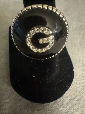Rhinestone 'G' Accent Black Statement Ring